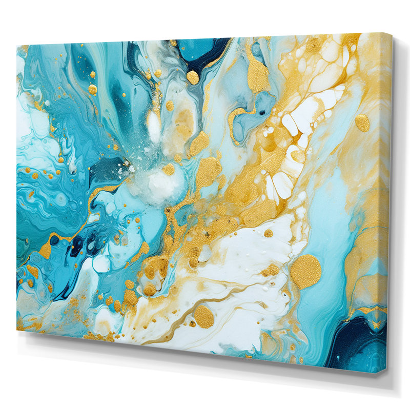 Turquoise luxueux, art fluide abstrait sur toile, Toile tendue, H 12 po x l 20 po x P 1 po