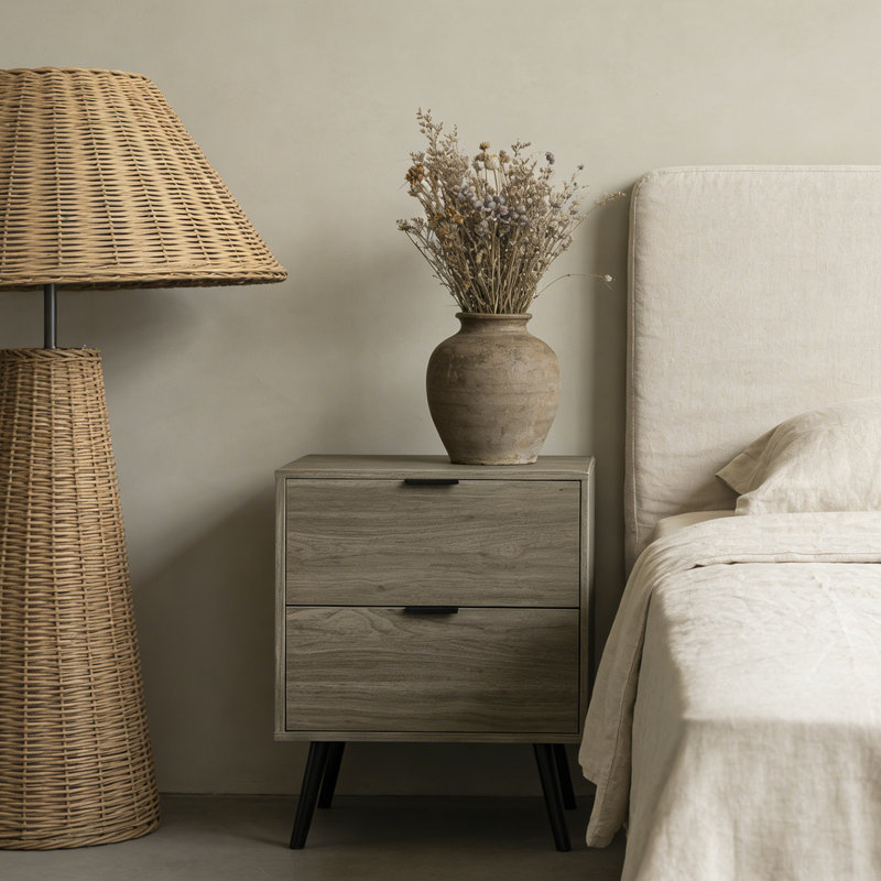 Table d'appoint moderne en stratifié gris avec tiroir de rangement, table de chevet contemporaine pour salon et chambre à coucher