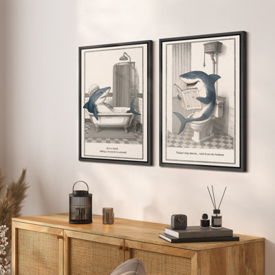 Shark in Bathroom Canvas Wall Art Set, Playful Tub and Toilet Humor Framed Prints for Modern Powder Room or Coastal Decor