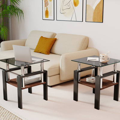 2 tables basses carrées en verre trempé noir, de style moderne, pour divers espaces, idéales pour le salon ou le coin thé. Capacité de charge : [à compléter].