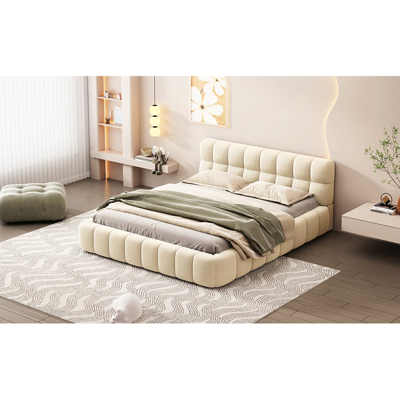 Lit plateforme tapissier avec tissu épais, lit au sol avec structure solide