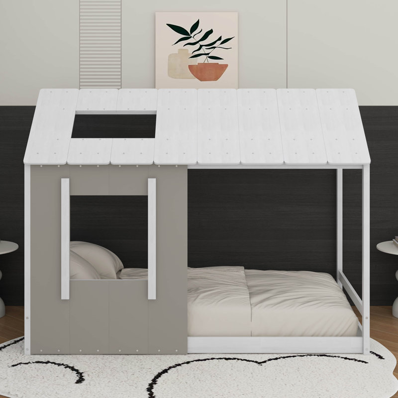 Plateforme pour lit simple avec fenêtre et toit, Blanc / gris antique