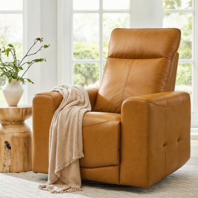 Weddel 37.2" wide Genuine Leather Modern Power Recliner with Swivel and Glider