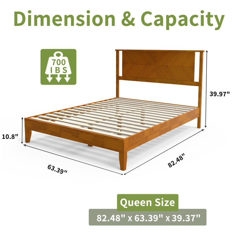 Queen Size Deluxe Bed Frame With Headboard With Solid Wood, No Box Spring Needed,  Easy Assembly, Rustic Golden Brown, Queen