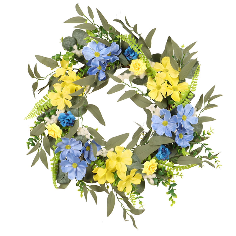 Couronne de marguerite bleue et jaune 19,7 po avec verdure pour décor de porte d'entrée