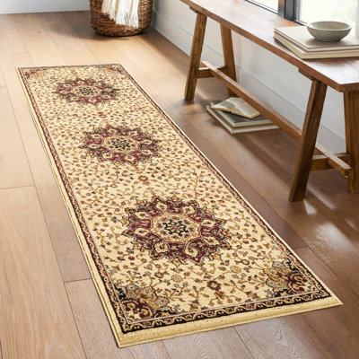 Classic 2 pi. 7 po Tapis crème X 3, motif médaillon élégant, polypropylène, profondeur de tapis de 87 po, médaillon, hauteur de 0,44 po