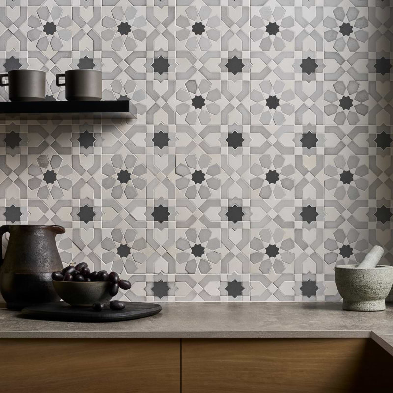 Cantico Fes Mixed Finish Lava Stone And Cement Mosaic Tile, Cloud Gray