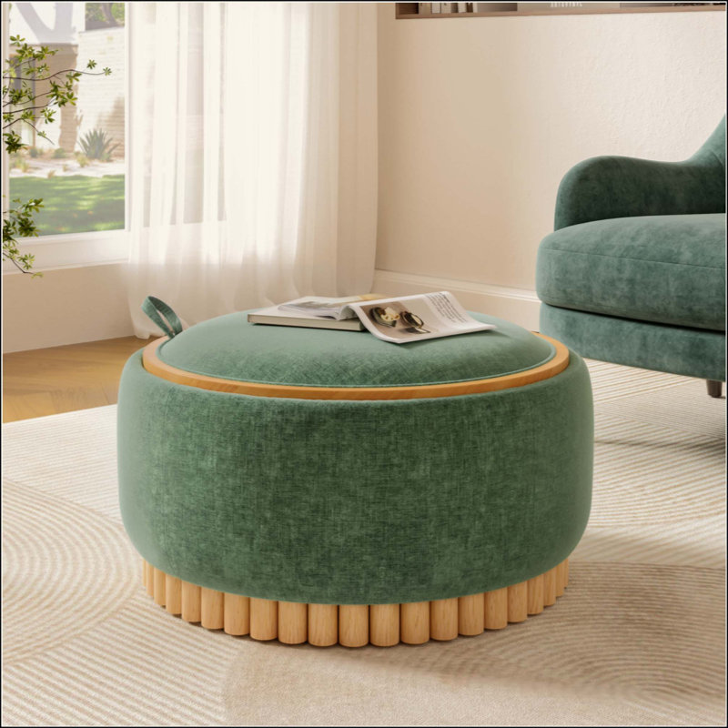 Repose-pieds rond avec pieds en bois massif, table basse moderne avec couvercle réversible, structure en bois, repose-pieds en chenille pour le salon, aucun assemblage requis