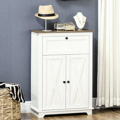 Armoire d'appoint blanche. Portes doubles, tiroir et tablette réglable. Poignées de style rétro. Pourboires. Panneau de particules. Armoire, tiroir, tablette pour ambiance de chambre à coucher et de salon l 23,5 "x P 11,56" P 34,5 "