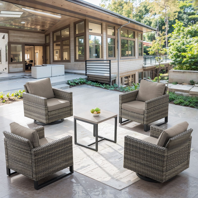 Naresa 5-Piece Outdoor Wicker Furniture Set  2 Swivel Glider Chairs, 2 Patio Chairs & Side Table, Gray