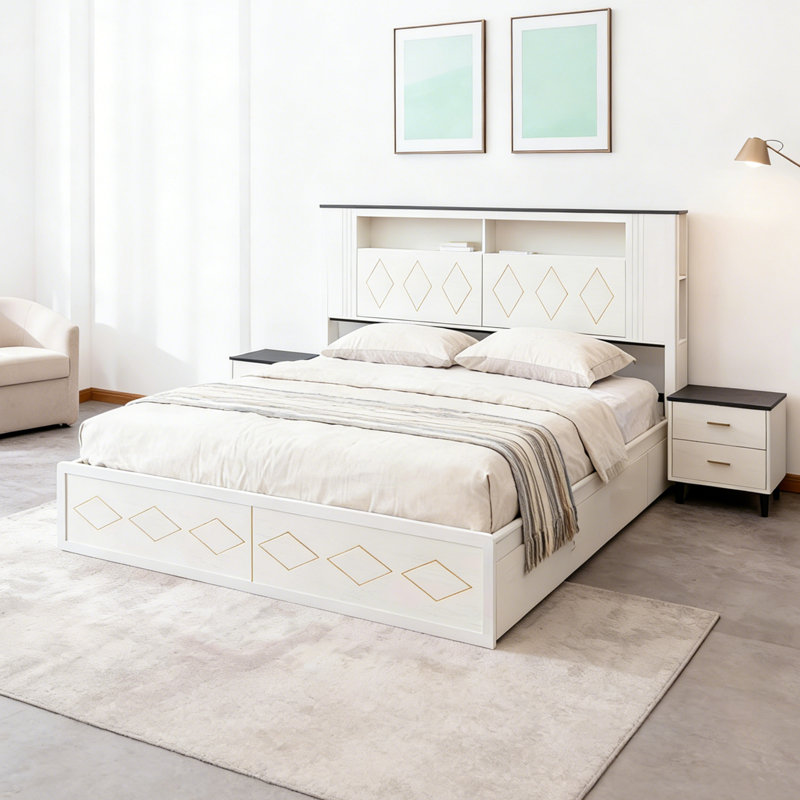 Modern King Size Bed Frame with 4 Drawers, Led Lights, Wood Platform Bed with Charging Station, White