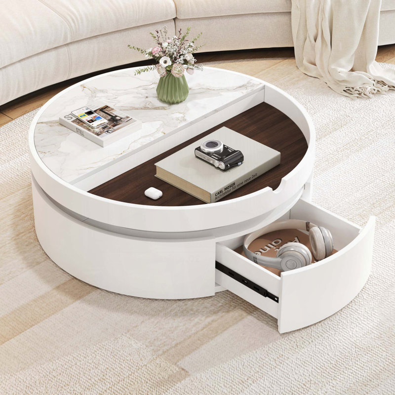 Table basse ronde à plateau relevable avec tiroir - marbre blanc et grain de bois