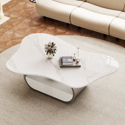 41.7" Silver Coffee Table With Abstract Shaped Design, Faux Marble Stainless Steel Base Coffee Table With Storage