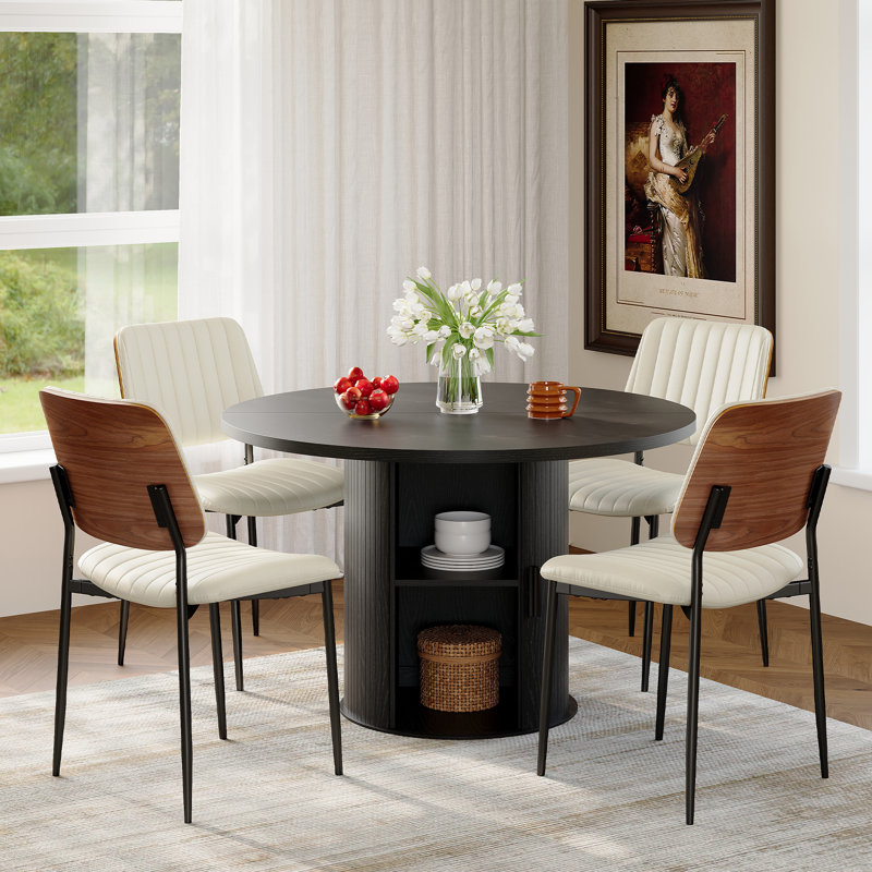 4 - Person Round Dining Table Set With Hidden Storage & 4 Upholstered Chairs, Black, White