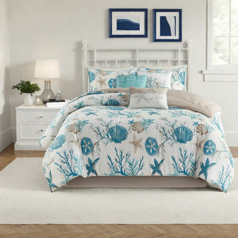 Luxurious Cotton Sateen Bedding Sets, Coastal Aqua Design For King Size