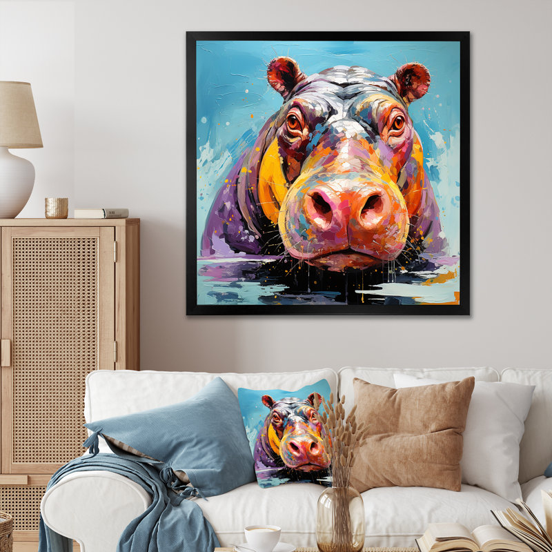 «Blue Colorful Hippo Harmony - Hippopotamus», reproduction d'art sur toile encadrée, Cadre simple noir