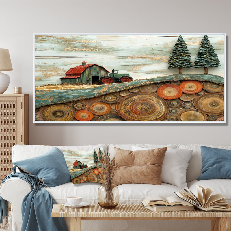 Donae Winter Barn with Tractor Landscape - ferme grand art mural, H 28 po x l 60 po, Impression encadrée flottante, Blanc