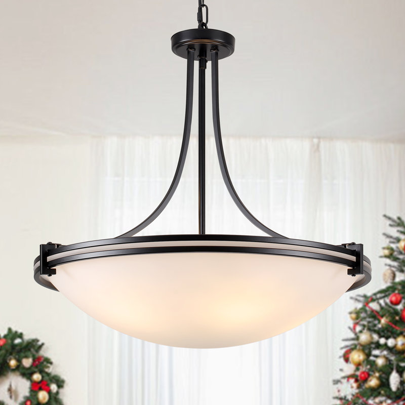 5 - Light 24.4" Classic Dimmable Bowl Glass Pendant in Matte Black For Living Room, 5 Lights, Matte Black