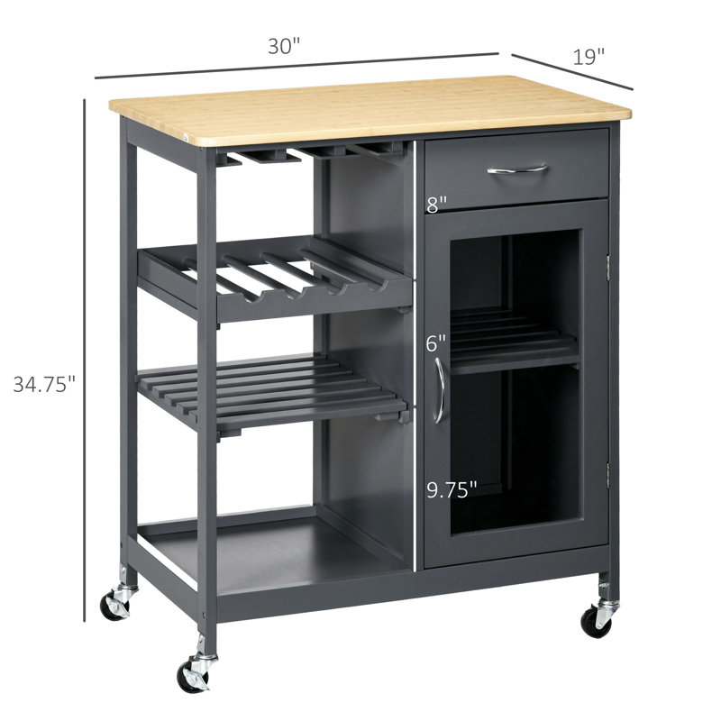 Rolling Kitchen Island With Storage, Kitchen Cart With 4-Bottle Wine Rack, Bar Cart With Stemware Holder, Shelves, Light Gray