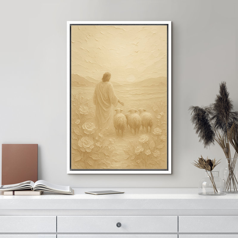«Serene Shepherd With Flock» dans des tons neutres et doux, impression sur toile encadrée, H 24 po x l 16 po x P 1,5 po