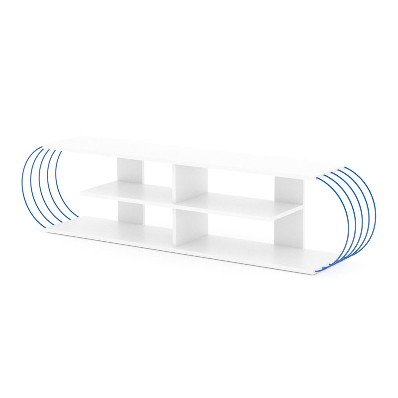 Meuble télé 68 po avec 4 tablettes ouvertes, unité de divertissement moderne Mid-Century en blanc, tablettes blanc-bleu de 68 po