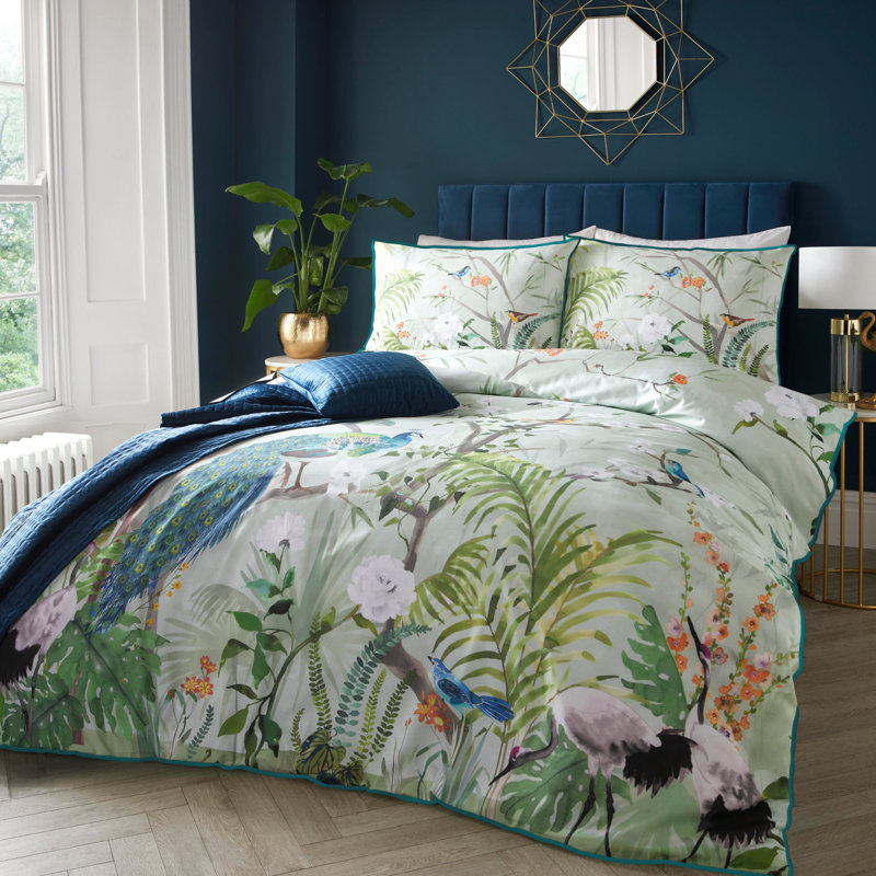 Soiree Peacock Jungle Cotton Duvet Cover Set with Pillowcases, Double - 2 Standard Pillowcases