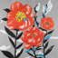 Fleurs roses avec feuilles bleues - reproduction encadrée grise pour la décoration