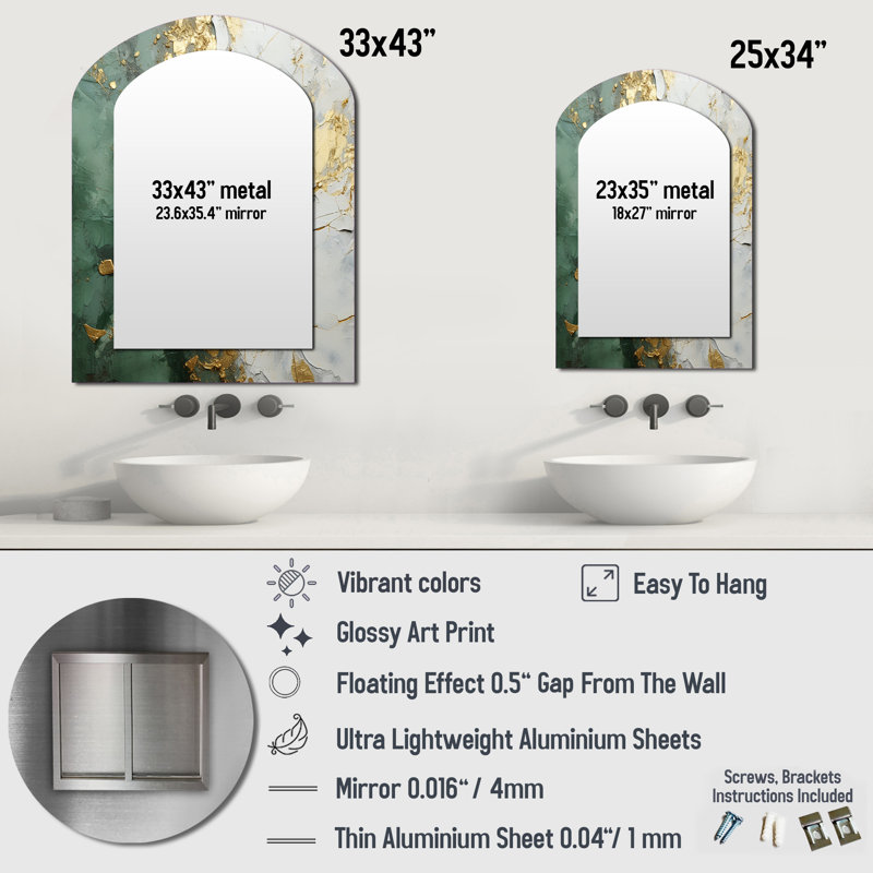 Gold And Green Paint Fusion - Abstract Painting Asymmetrical Mirror, Beige Arch Decorative Wall Mirror, Printed Metal Art
