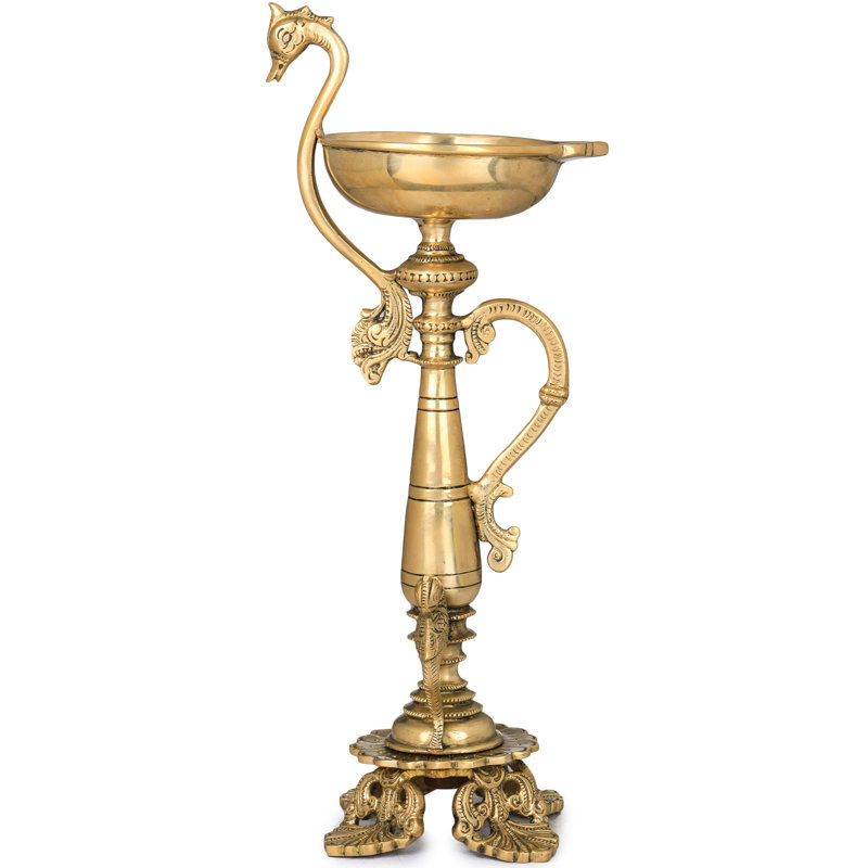 Handmade 12-Inch Brass Peacock and Parrots Ritual Lamp – Artistic Multi-Bird Diya for Puja, Meditation, and Spiritual Home Decor