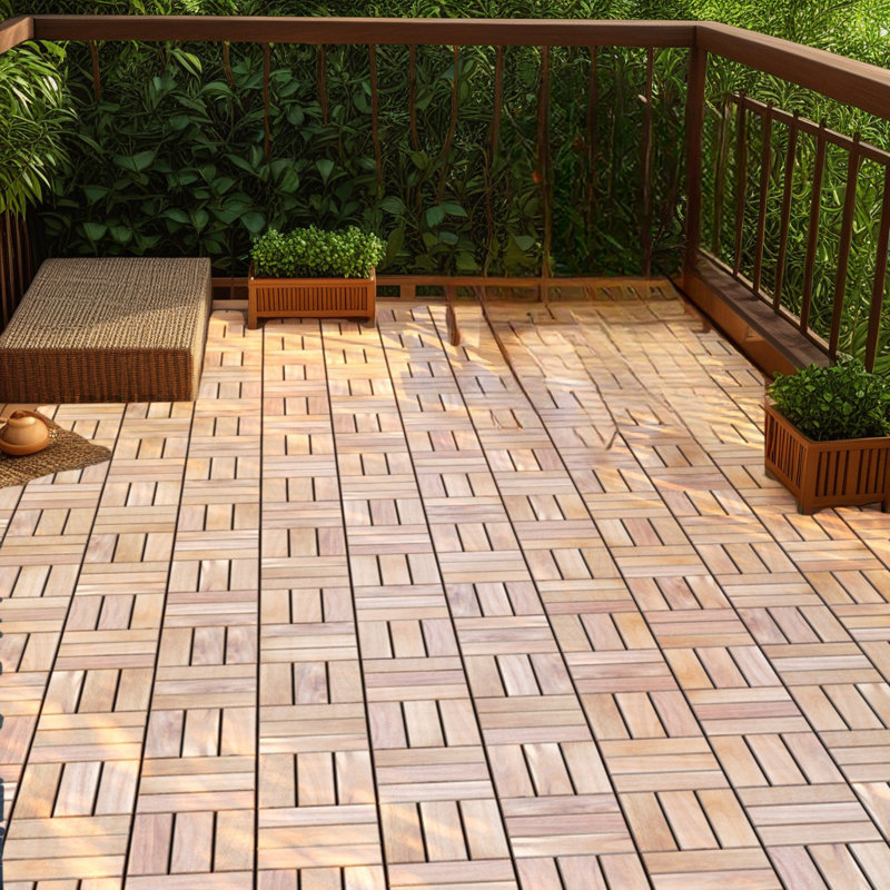 12'' X 12'' Plaid Style Wood Interlocking Deck Tiles Indoor &Outdoor,10Pcs, Brown