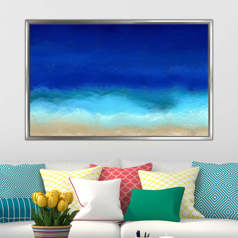 «Beach Scene 8 Aqua Beach», reproduction d'impression sur plastique, H 21,5 po x l 33,5 po x P 2 po, Cadre flottant argent