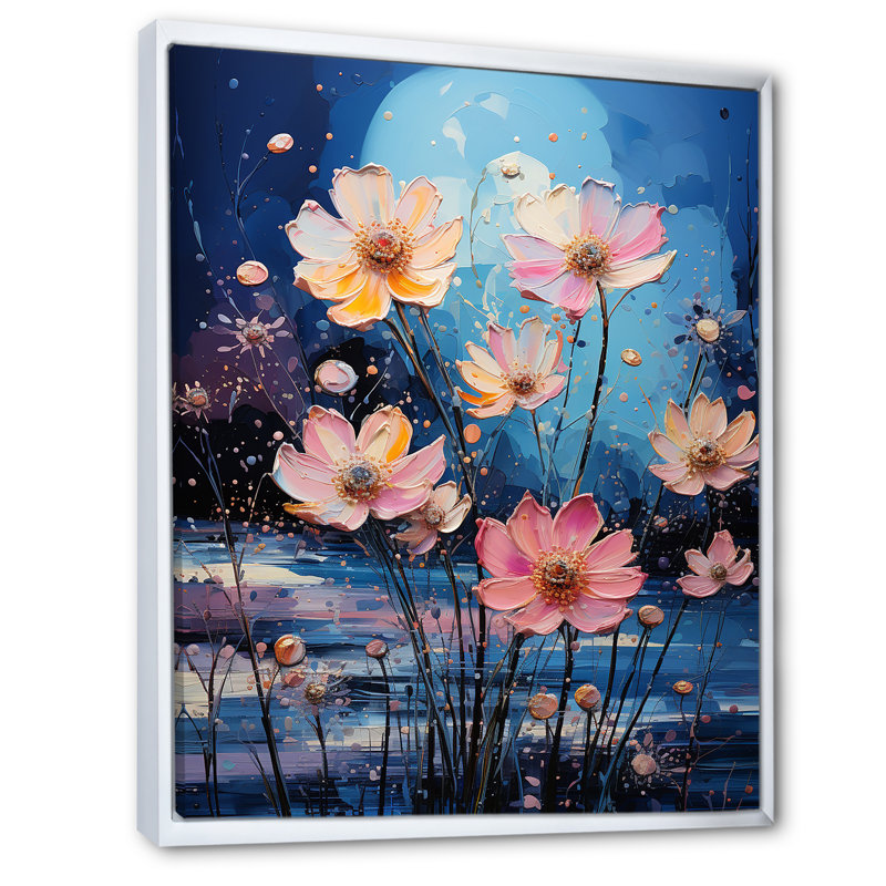 «Zinnias Blooms» sur toile rose, Cadre flottant blanc, H 40 po x l 30 po x P 1,5 po