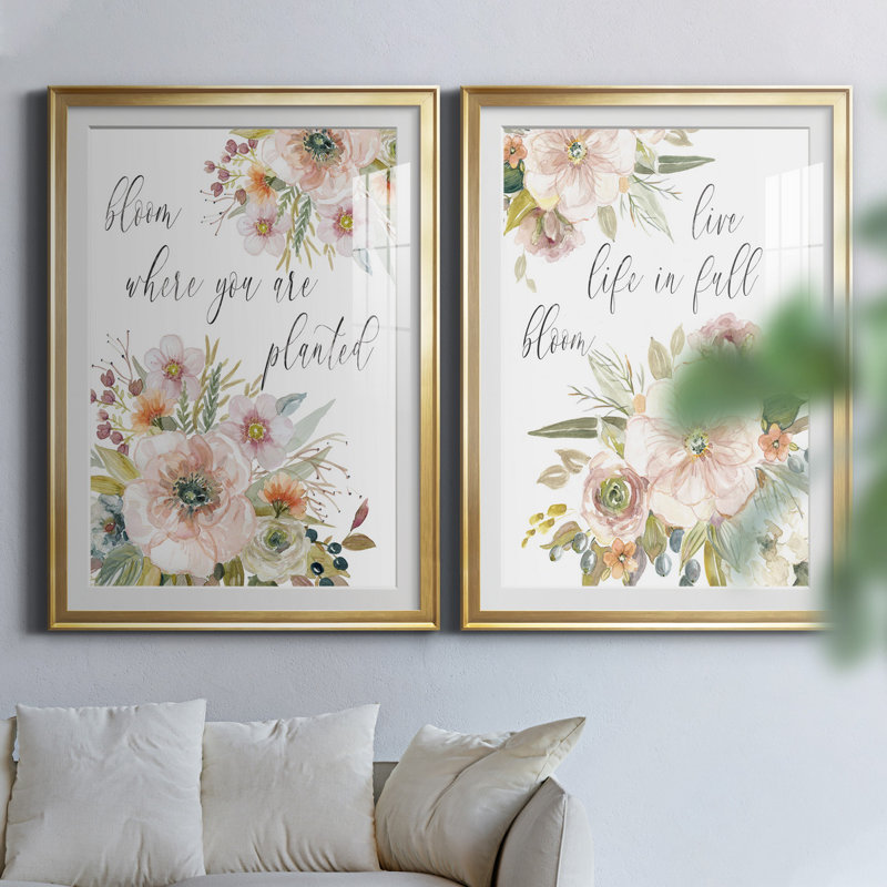 «Peach Bloom I», ensemble de 2 impressions, Blanc, Papier encadré doré, H 26,5 po x l 73 po x P 1,5 po