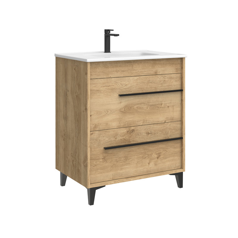 Lotus Freestanding Single Bathroom Vanity with Ceramic Top, Natural Oak, 28"