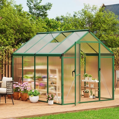 6x8 ft Polycarbonate Greenhouse Upgraded handle model - Heavy-Duty Aluminum Walk-in Garden House with Roof Vent & Lockable Sliding Door - UV Protection & Snow Load Resistant - Integrated Drainage for Backyard, Patio, Lawn, Green