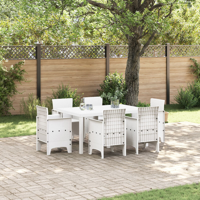 7 Piece Garden Dining Set Poly Rattan, 73cm H x 150cm W x 100cm D, White
