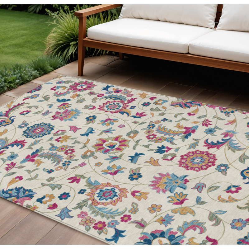 Tapis intérieur lavable à motif floral 10 pi x 14 pi rose et bleu denim