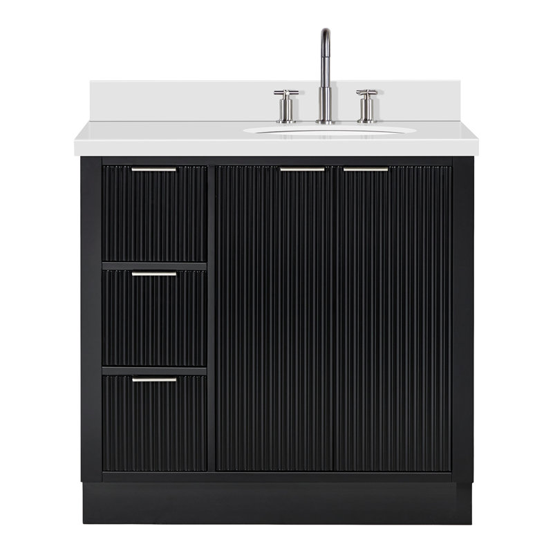 Meuble-lavabo simple en bois massif de 36 po avec plateau en quartz blanc de 1,5 po Haun, Noir, noir, noir, noir, Ovale, Oui