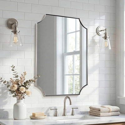 Tariro Contemporary Notched Corner Scalloped Rectangle Bathroom Vanity Mirror | Stainless Steel Frame