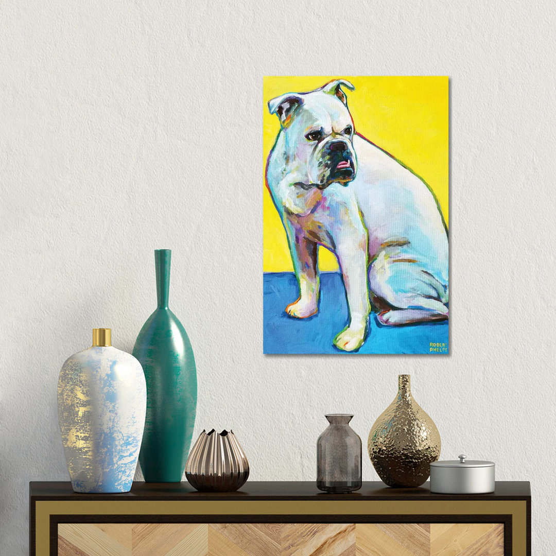 Bulldogge auf Gelb von Robert Phelps - Galerie-verpackte Leinwand Giclée