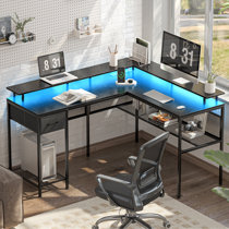 Huuger L Shaped Desk Computer Desk with LED Lights & Power Outlets Gaming Desk with Storage Shelves Corner Desk Home Office Desks for Bedroom Rust