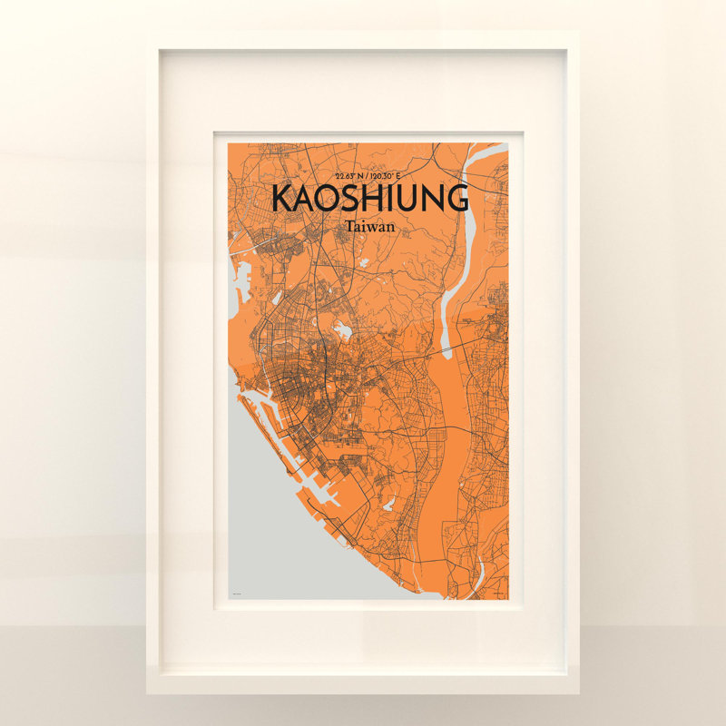 Kaoshiung City Map In Orange - No Frame Print, 36cm H x 24cm W x 0.05cm D