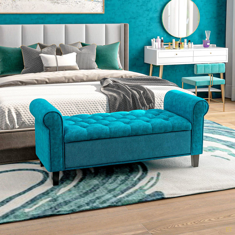 50" Storage Ottoman Bench, Upholstered End Of Bed Bench With Rolled Arms, Wood Legs, Button Tufted Storage Bench With Safety Hinges For Living Room, Entryway, Bedroom