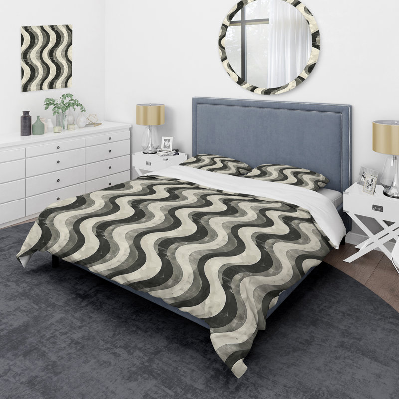 Grey Geometric Retro - Geometric Retro Duvet Cover Set, King Duvet Cover + 2 King Shams
