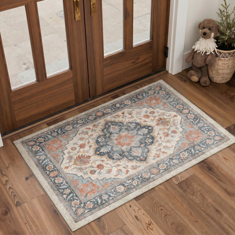 Lumiere Floral Machine Washable Red / Blue / Beige Indoor Area Rug with Non-Slip Backing, Rectangle 8' x 10'