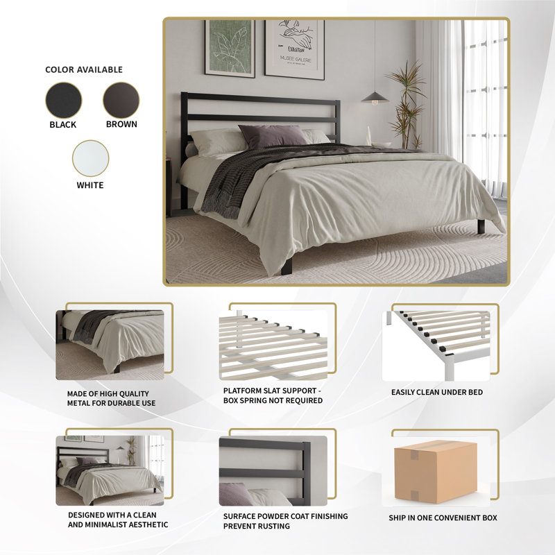 Deareon Upholstered Metal Platform Bed, White, King