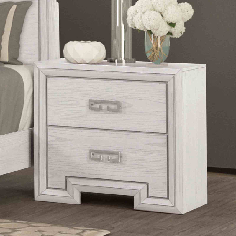Table de chevet transitionnelle avec port USB, poignée en métal, tiroirs en queue d'aronde, finition blanc rustique | Idée de cadeau