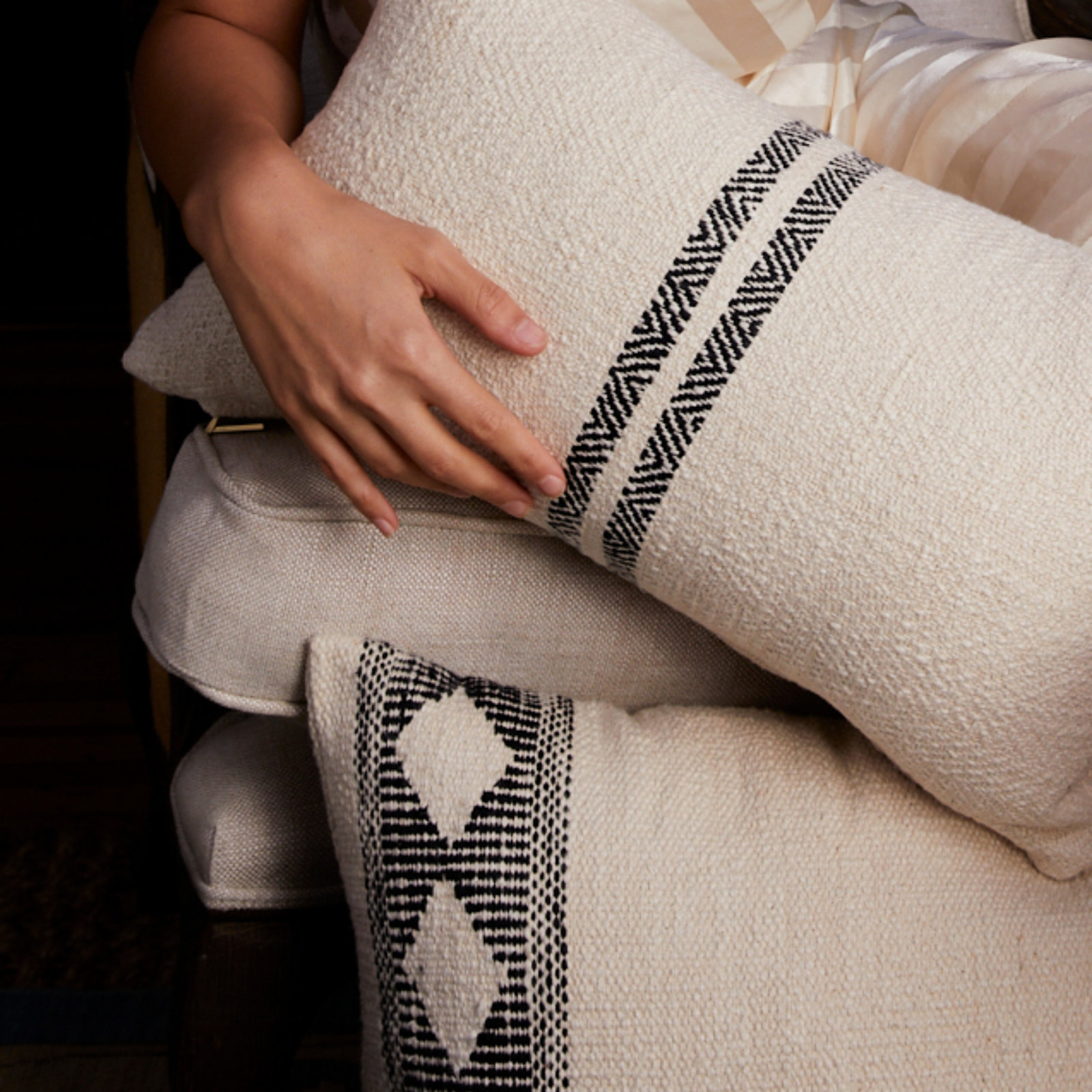 PILLOWPIA Hugh Cotton Lumbar Pillow Cover with Chevron Pattern and Brass Zipper Accent, Cream
