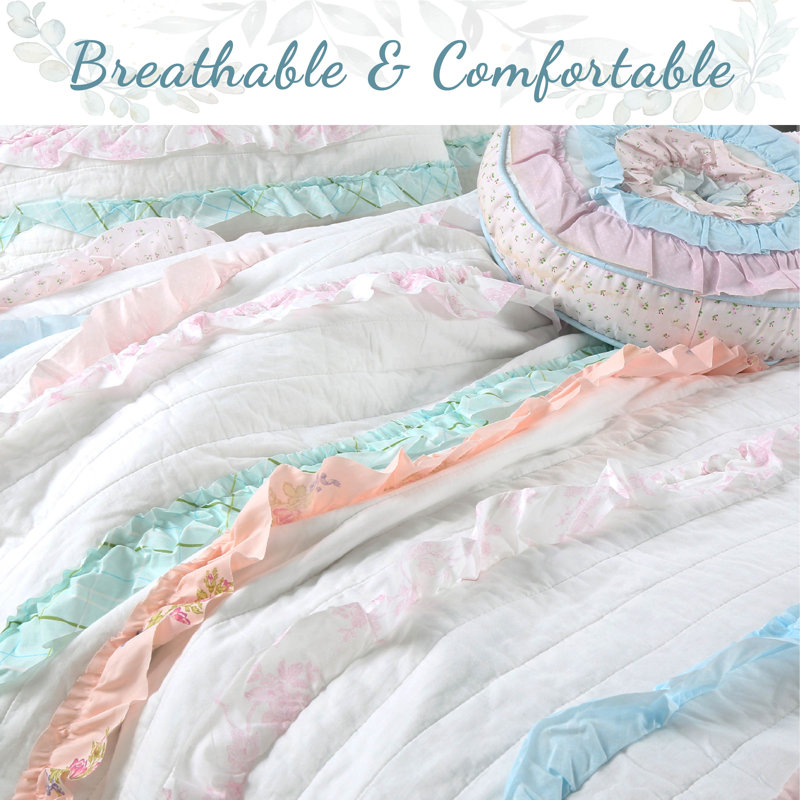 Pink and White Ruffle Reversible Cotton Twin Quilt Set