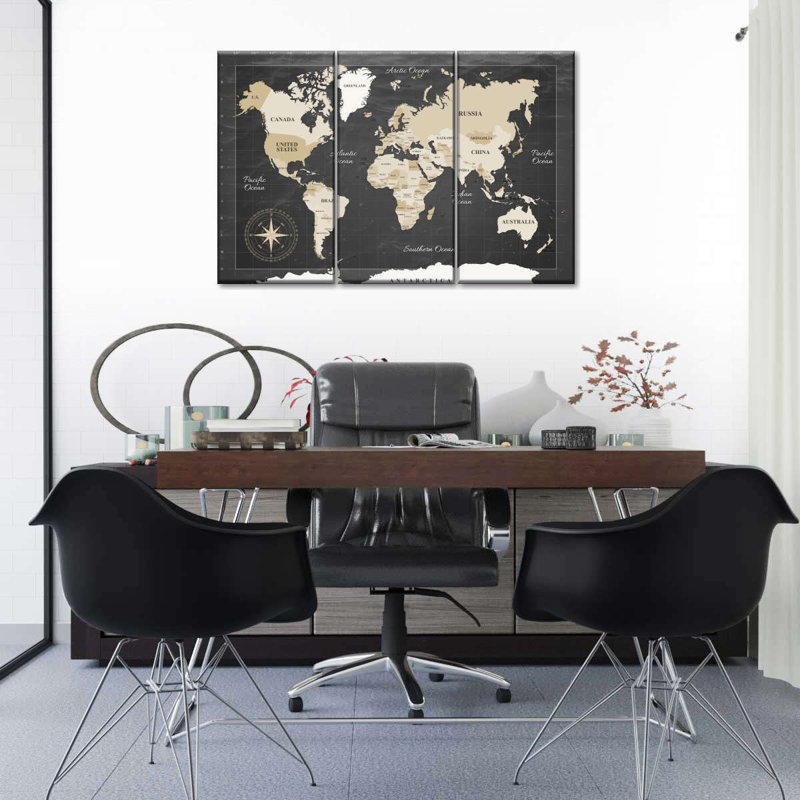 Carte du monde sur toile foncé 3 pièces, H 32 po x l 50 po x P 1,25 po